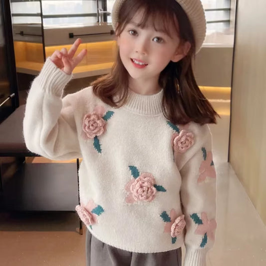 Stylish Floral Knitted Sweater Pullover for Girls 2023 New Arrival Autumn/Winter Korean Version Children'S Top Cozy Warm