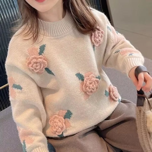 Stylish Floral Knitted Sweater Pullover for Girls 2023 New Arrival Autumn/Winter Korean Version Children'S Top Cozy Warm