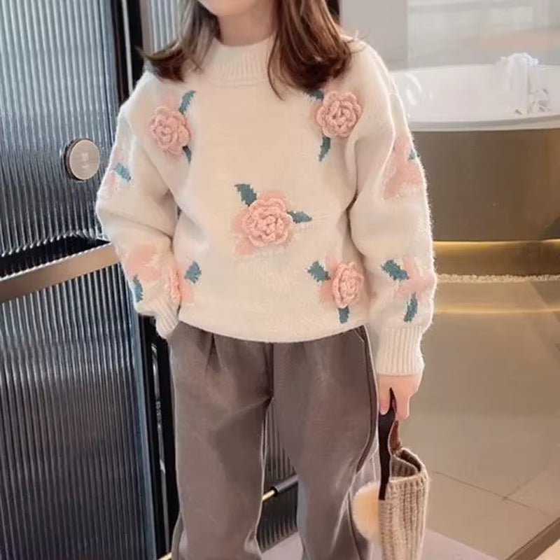Stylish Floral Knitted Sweater Pullover for Girls 2023 New Arrival Autumn/Winter Korean Version Children'S Top Cozy Warm