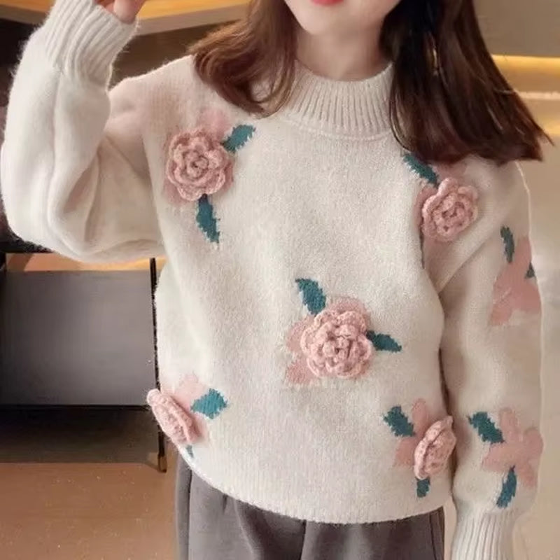 Stylish Floral Knitted Sweater Pullover for Girls 2023 New Arrival Autumn/Winter Korean Version Children'S Top Cozy Warm